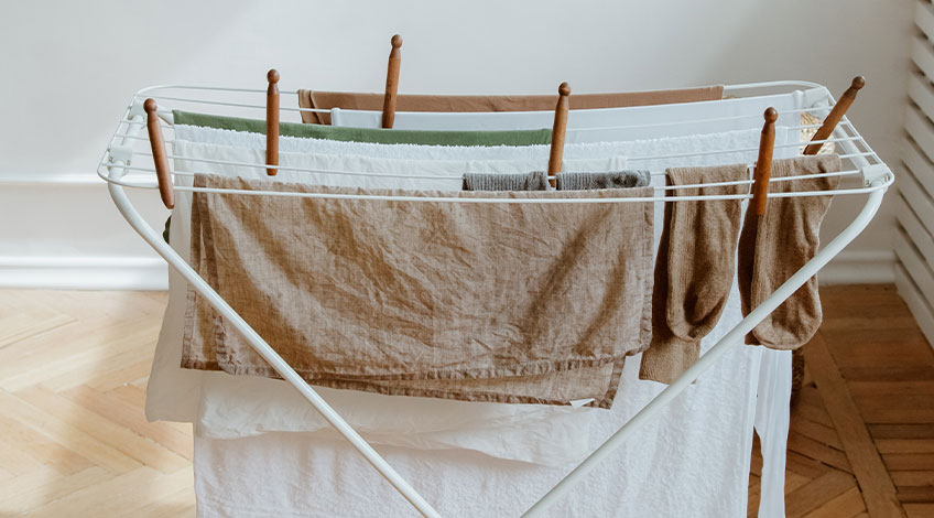 clothes on a drying rack