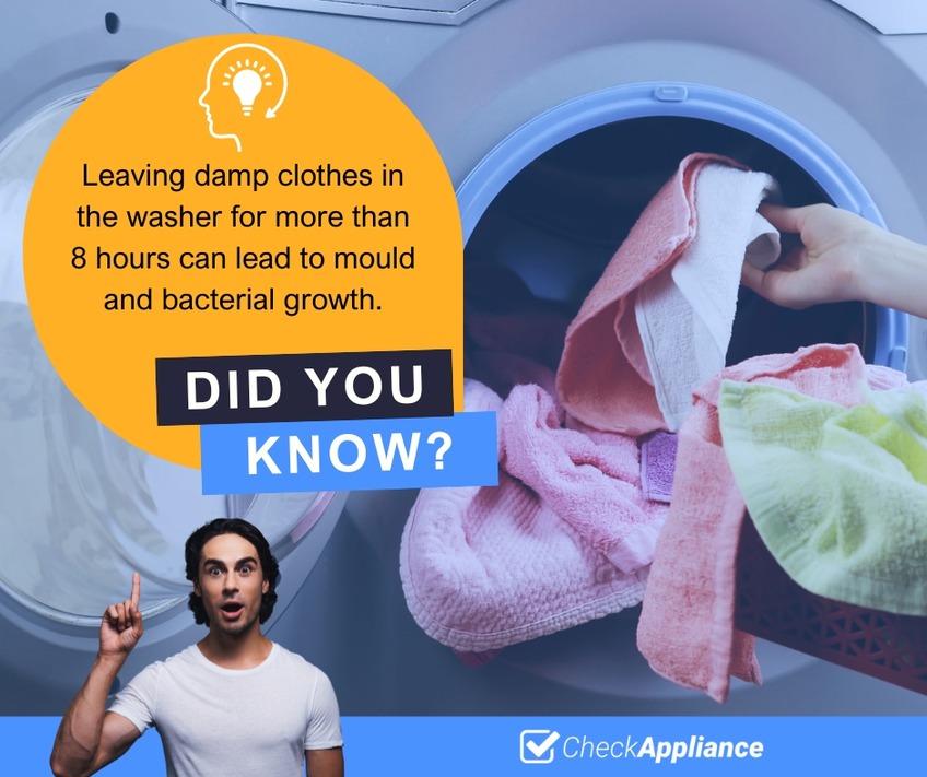 leaving damp clothes in the washer for more than 8 hours can lead to mould and bacterial growth
