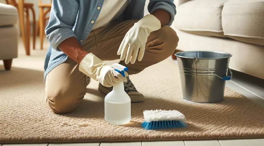 person cleaning carpet with white vinegar