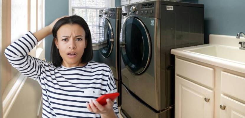 confused person in front of washing machine