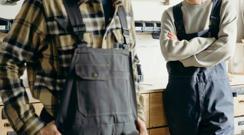 two people wearing overalls