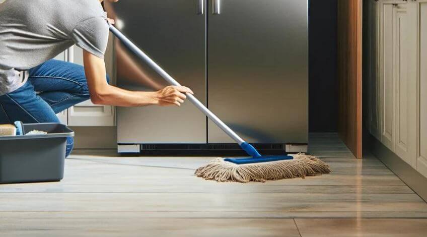 person mopping under the fridge