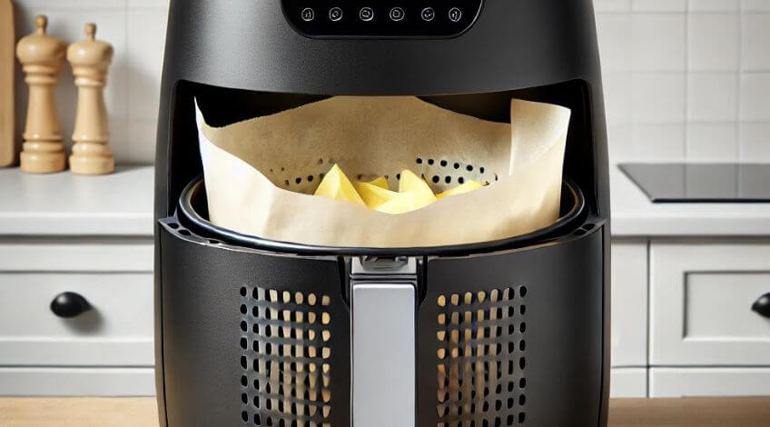 air fryer with crisps on a parchment paper