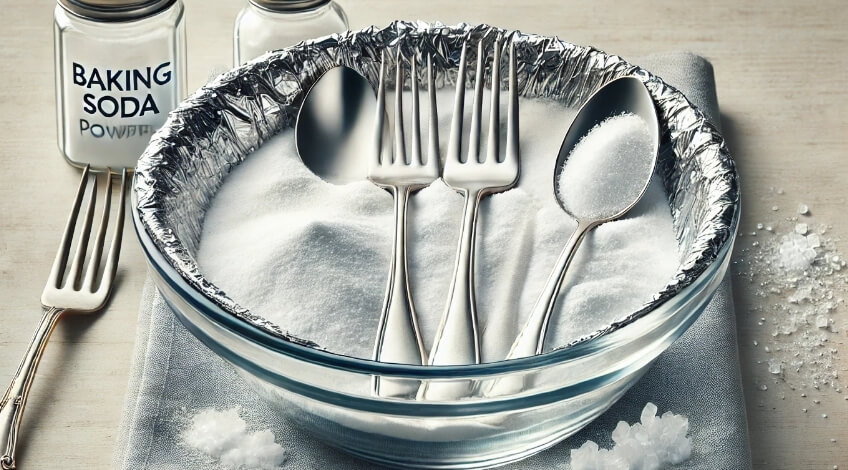 utensils on a container with foil lined with bicarbonate of soda and salt
