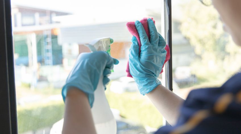 person with spray bottle cleaning a window