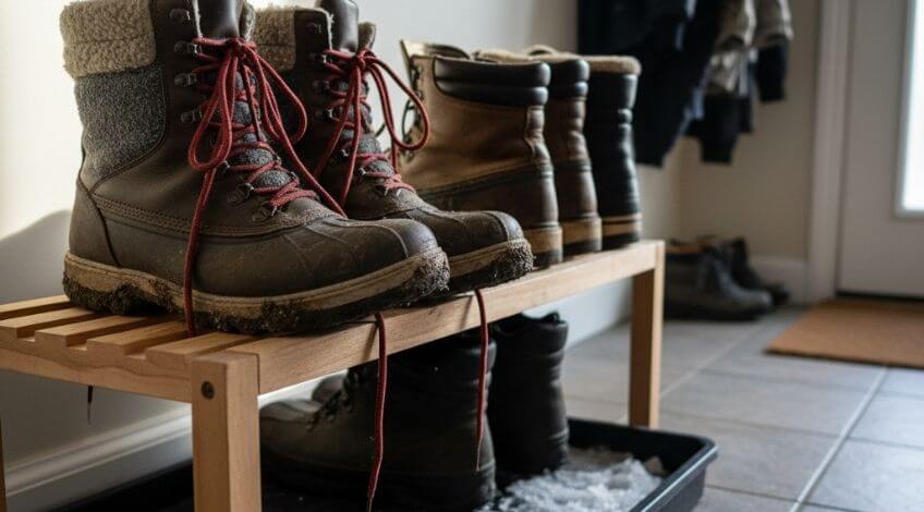 winter boots on shoe rack