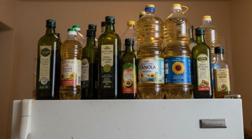 cooking oils above the fridge