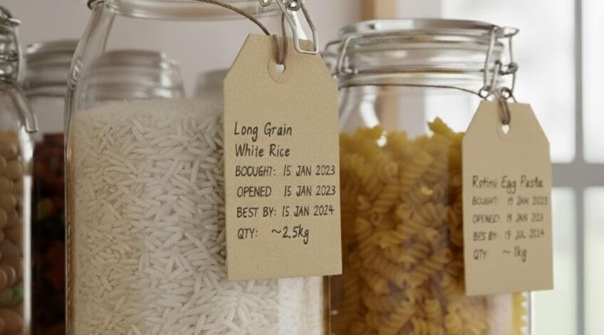 food container with labels on pantry