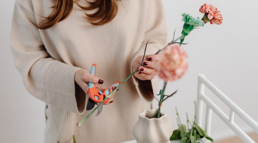 person cutting a flower stem