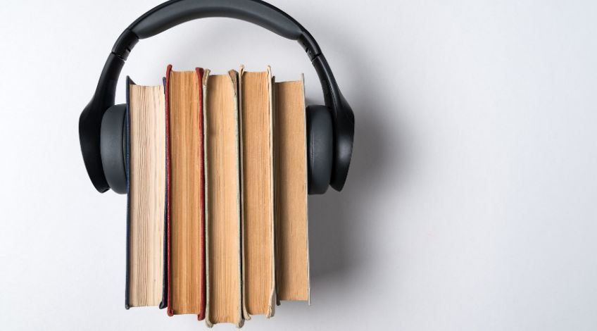 vintage books with headphones